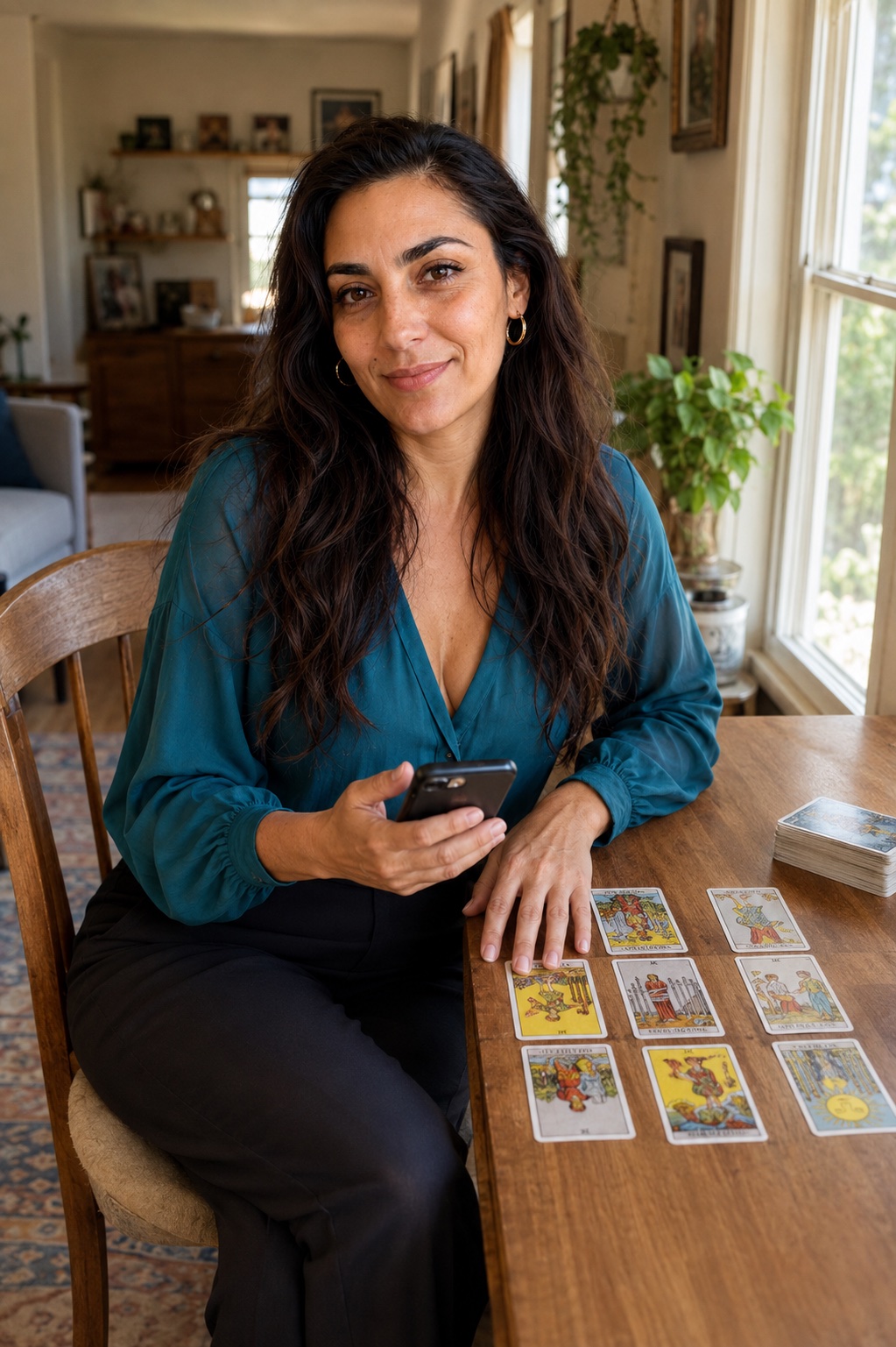 Mirela at her table with a tarot spread and her phone